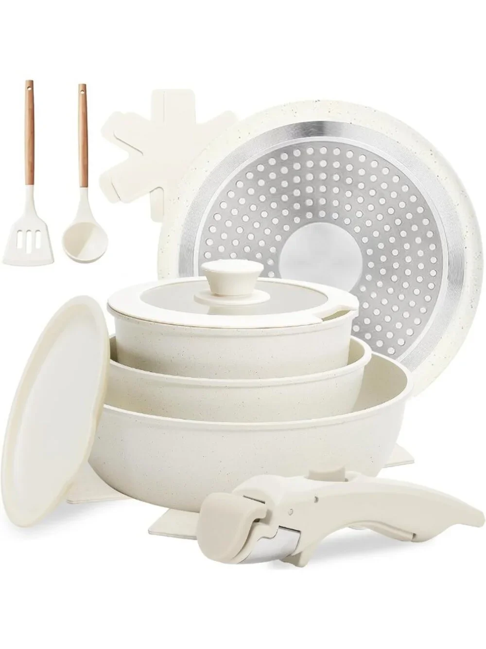 10-Piece Non-Stick Cookware Set with Detachable Handles - White Kitchen